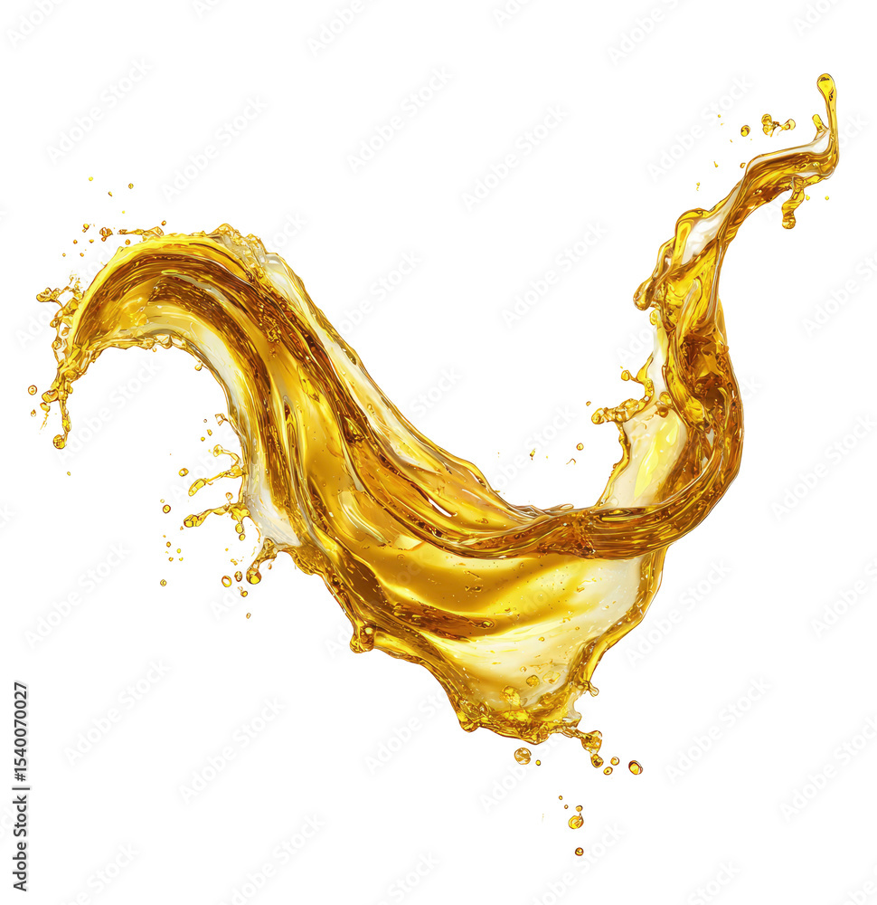 Poster dynamic golden liquid splash with droplets on transparent background