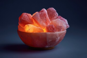 Illuminated pink Himalayan salt crystals glow warmly within a matching salt bowl against a dark background