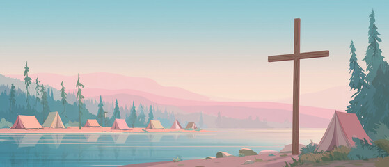 tranquil, warm tones nature scenery illustration with catholic crest, lake & camping tents; marketing design perfect for religious summer camps