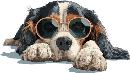 A digital illustration of a Cavalier King Charles Spaniel dog wearing round, blue-tinted sunglasses. The dog is lying down on a white background, its paws visible. 