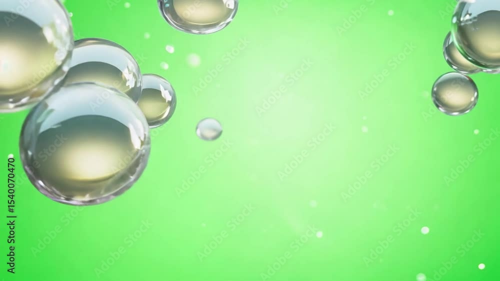 Poster transparent bubbles floating in air: captured against a vibrant green backdrop, delicate bubbles flo