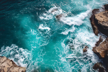 Turquoise ocean waves crashing against rocky coastline aerial view