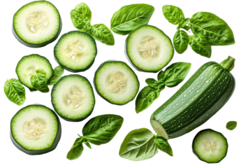 Sliced cucumber isolated on transparent background. PNG.