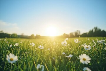 Sunny meadow of daisies at sunset