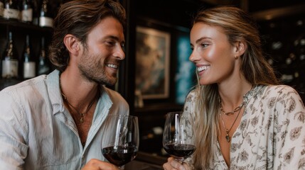 Couple enjoying romantic wine tasting cozy bar photography dimly lit atmosphere intimate viewpoint