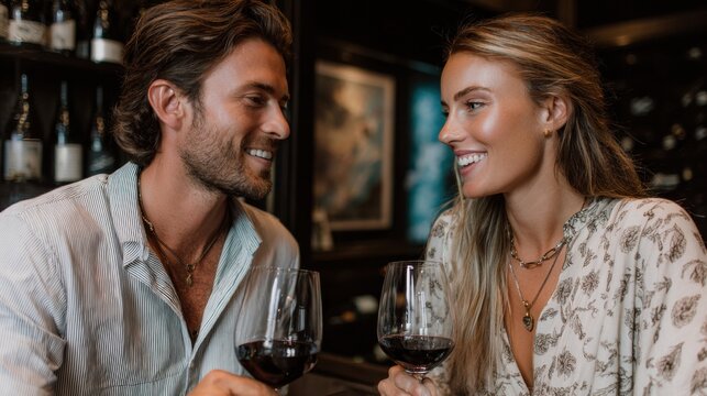 Couple enjoying romantic wine tasting cozy bar photography dimly lit atmosphere intimate viewpoint