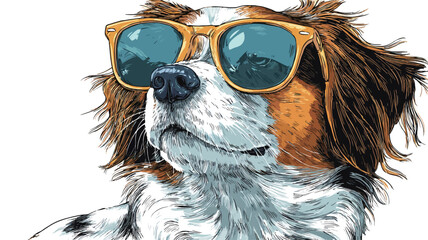 Close-up illustration of a dog's head and shoulders. The dog appears to be a spaniel mix with long, slightly shaggy fur in shades of brown, white, and orange.  It is wearing a pair of amber-framed