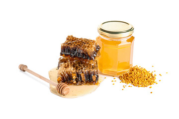 Jar of sweet honey and combs on white background