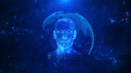 Robot head AI chatbot VA virtual coding finance business data analytics computer automation cyber security computer network internet futuristic digital technology Advanced Analysis Machine Learning. - Powered by Adobe