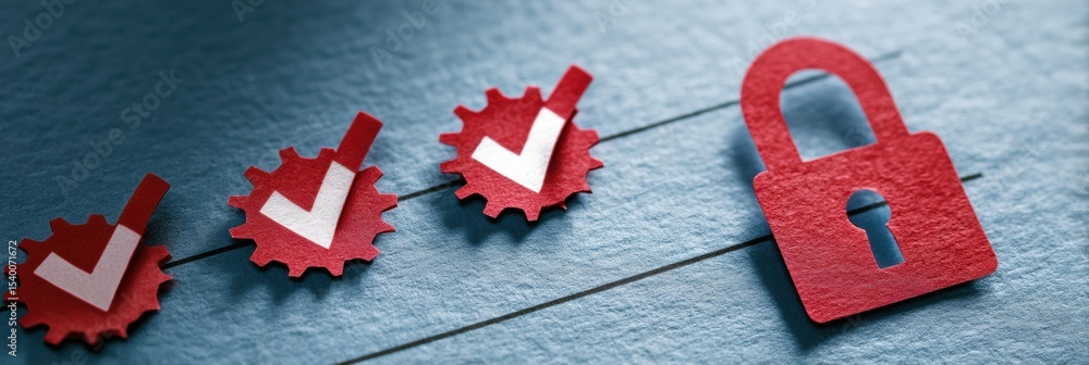 Poster Security Checklist With Red Paper Cutouts of Tech Symbols on a Blue Textured Background