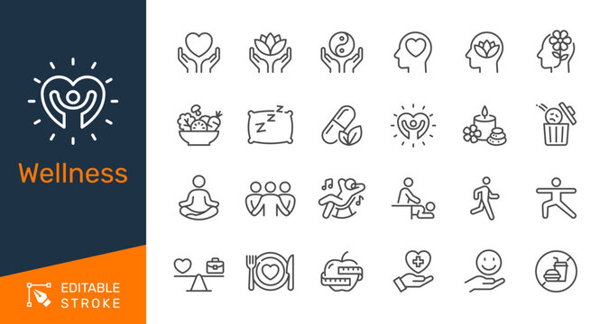 Wellness thin line icon collection for health, mindfulness, balance and self-care concept. Editable stroke. Pixel perfect.