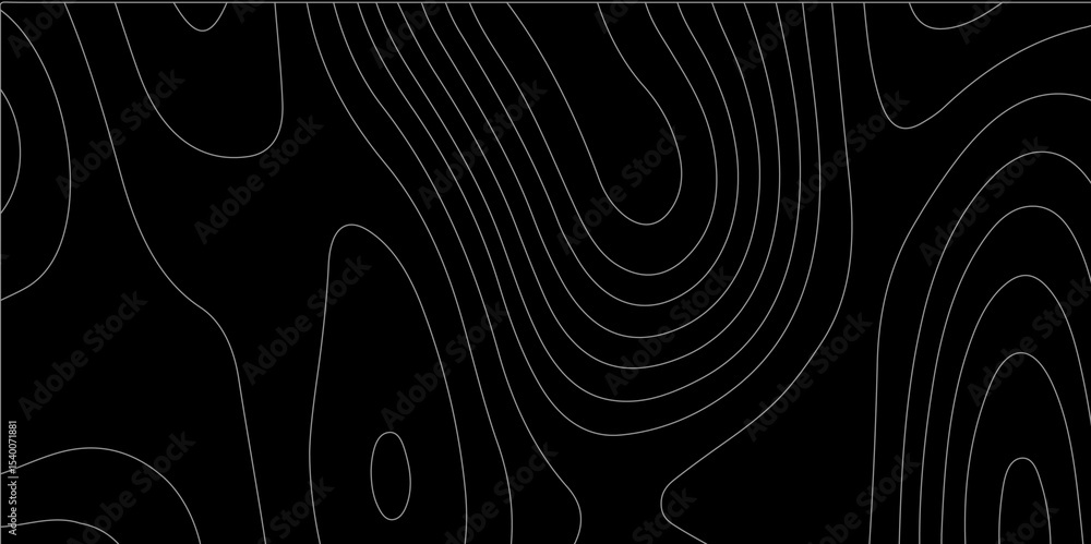 Poster abstract white on black background with topographic line map pattern. abstract wavy and curved lines