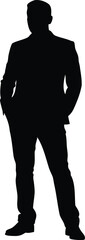 Silhouette of a man in a suit, relaxed stance with hands pocketed