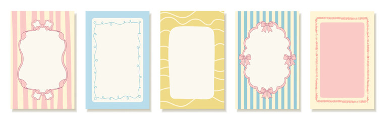 Vintage hand drawn frames with lines, ribbons, and swirls. Colorful minimalist borders in Italian summer style. Decorative elements, stamps, and outlines. Vector template for poster, invitation, card.