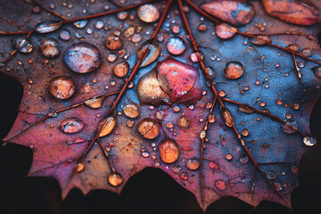 Fototapeta premium Autumn leaf dew drops macro photography colorful nature