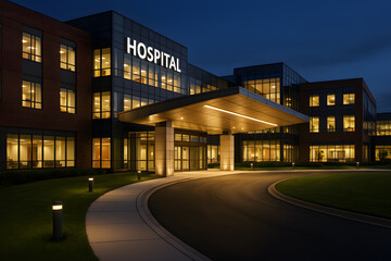 A modern hospital building illuminated at dusk with a welcoming entrance and landscaped grounds