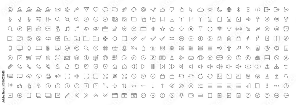Poster user interface ui, ux web icons in line style. user, profile, message, mobile app, document file, so