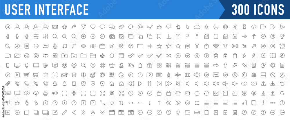 Poster user interface ui, ux web icons in line style. user, profile, message, mobile app, document file, so