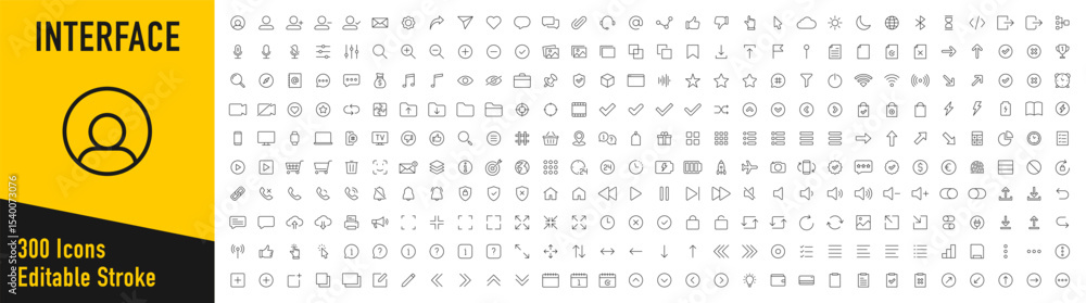 Poster user interface ui, ux web icons in line style. user, profile, message, mobile app, document file, so
