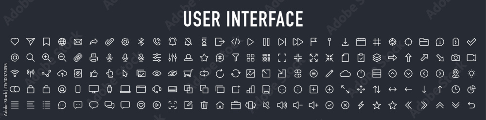 Poster user interface ui, ux web icons in line style. user, profile, message, mobile app, document file, so