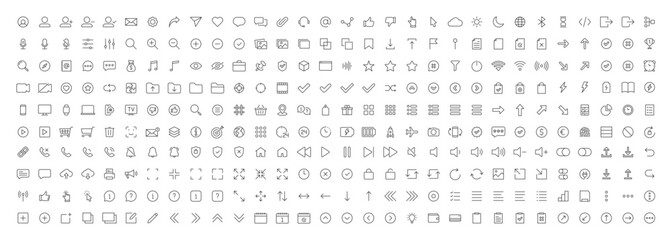 User Interface ui, ux web icons in line style. User, profile, message, mobile app, document file, social media, button, home, chat, arrow, collection. Vector illustration.