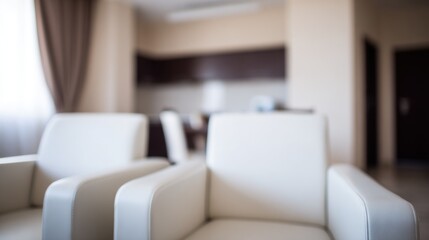 Softly-lit interior with two white leather armchairs, neutral-toned wall, window with brown curtains, dark cabinet, doorway to another room, calm blurred atmosphere.