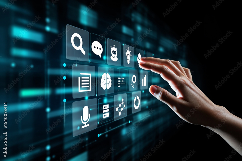 Poster hand interacting with futuristic digital interface showing data analytics and ai technology