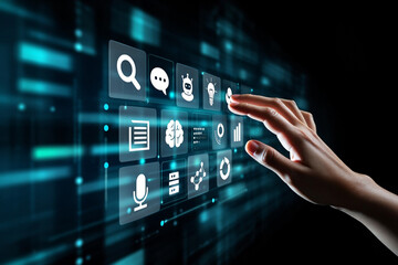 Hand Interacting with Futuristic Digital Interface Showing Data Analytics and AI Technology