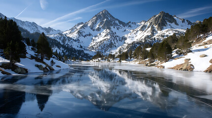 Frozen mountain lake reflecting snowy peaks winter landscape