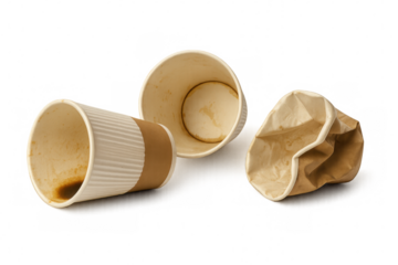 Three discarded coffee cups, exhibiting varying degrees of use and disposal, lie against a transparent background