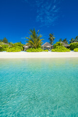 Vertical tranquil landscape view tropical beach paradise in Maldives stunning sea, white sand, sunny blue sky luxury resort. Summer holiday destination exotic travel, tourism, relaxation and honeymoon