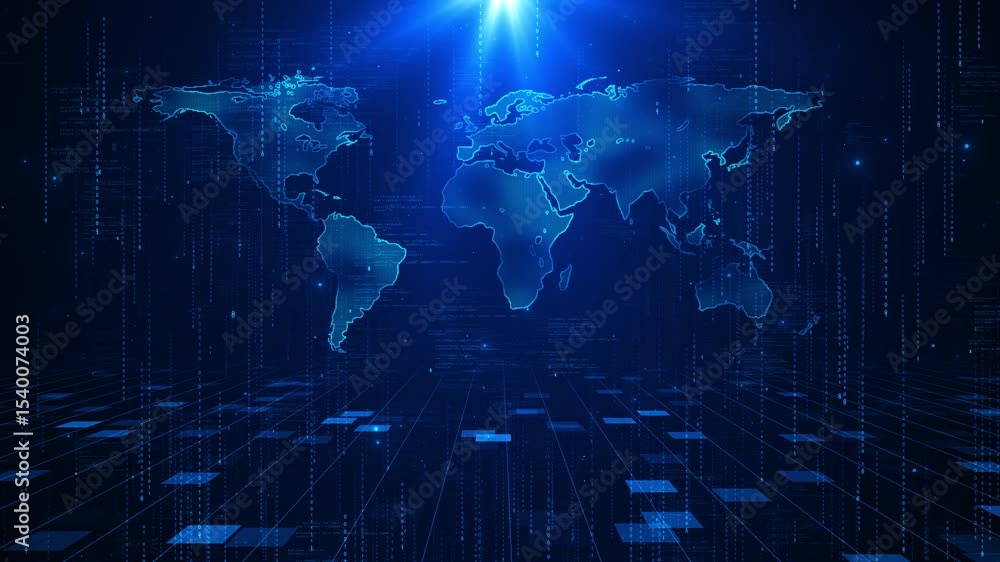 Poster digital technology world map animation. glowing connections in global blue world map visual effects.