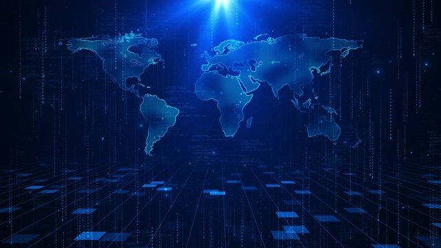 Digital Technology World Map Animation. Glowing Connections in Global Blue World Map Visual Effects. Blockchain technology database cryptocurrency concept. Business finance and crypto currency web 3.0