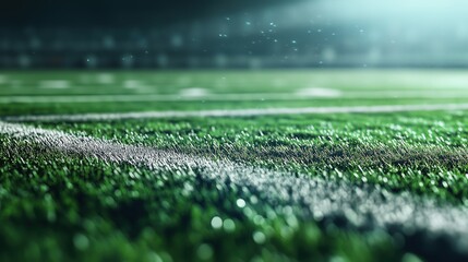 Exciting motion captured on an American football field with vibrant green grass and dynamic markings during gameplay