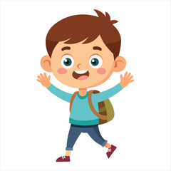 Happy Cartoon School Boy Waving with Backpack on White Background