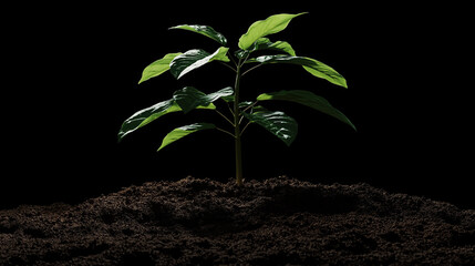 Small Green Plant Growing from Soil on Dark Background