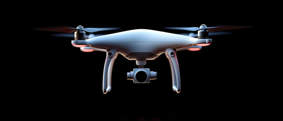 High-resolution 3D render of a drone with camera soaring through the air in a cinematic setting