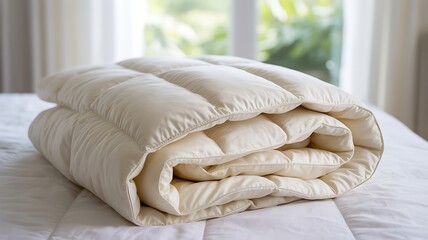 A folded soft ivory duvet lying comfortably on a pristine white bed in a bright bedroom setting.