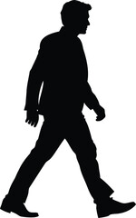 Silhouette of a man walking confidently in a suit on white background