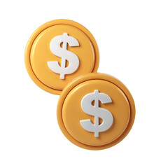 3d render icon business gold coins with dollar symbol Two on transparent background, perfect for financial and rotating payment projects