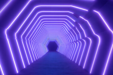 Futuristic purple neon hexagon tunnel abstract background