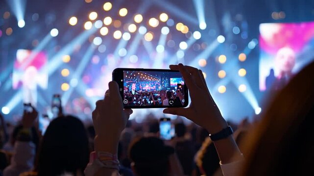 Capturing the Moment: Concert goer using smartphone. Capture the vibrant essence of a live concert, spotlighting the experience of an individual capturing the spectacle with a smartphone