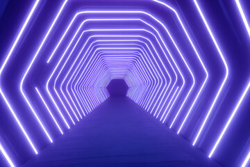 Futuristic purple neon hexagon tunnel abstract background