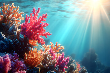 Naklejka premium Vibrant coral reef underwater scene sunbeams ocean life