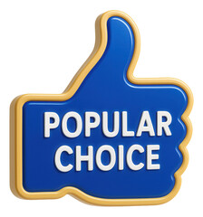 Blue thumbs-up sticker with POPULAR CHOICE text in vibrant cartoon style, dynamic retail promo offer on transparent background.