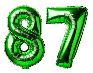 数字の87の形の緑色の風船（Number 87 green foil balloon on white background）

