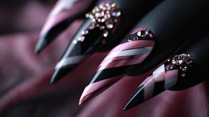 Elegant black nail art with floral designs and embellishments on a manicured hand in soft lighting