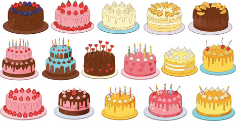 Delightful Birthday Cake Collection with Berries, Fruits, and Candles for Festive Celebrations flat vector illustration