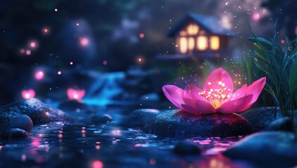 Magical night scene with glowing lotus flower by a stream