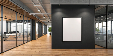 A Blank Poster Mockup on a Dark Wall in a Modern Office Setting for Creative Presentations